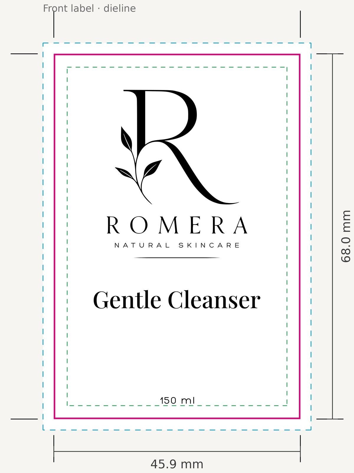 Front label dieline with print dimensions
