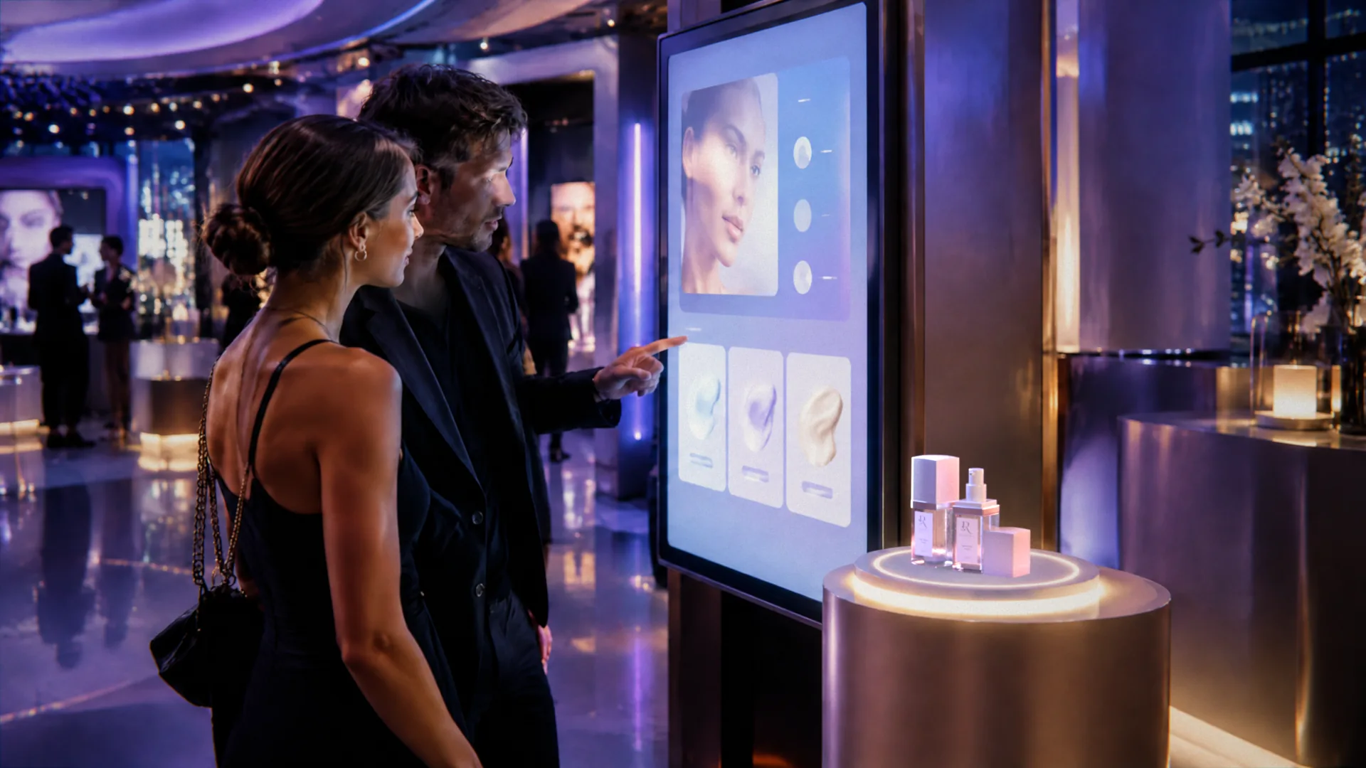 3D skincare product composited into a night pop-up event scene