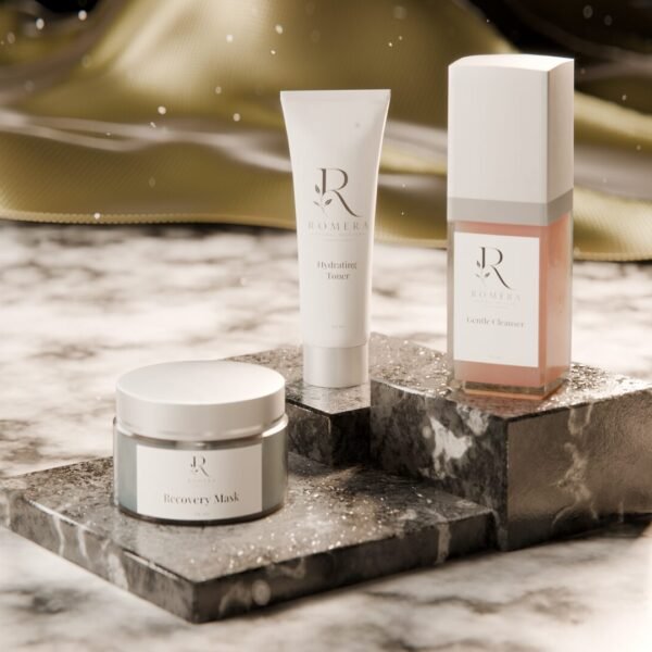 3D render of a skincare trio (jar, tube and bottle) on marble pedestals