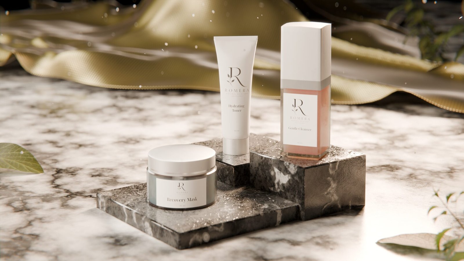 3D render of a skincare trio (jar, tube and bottle) on marble pedestals