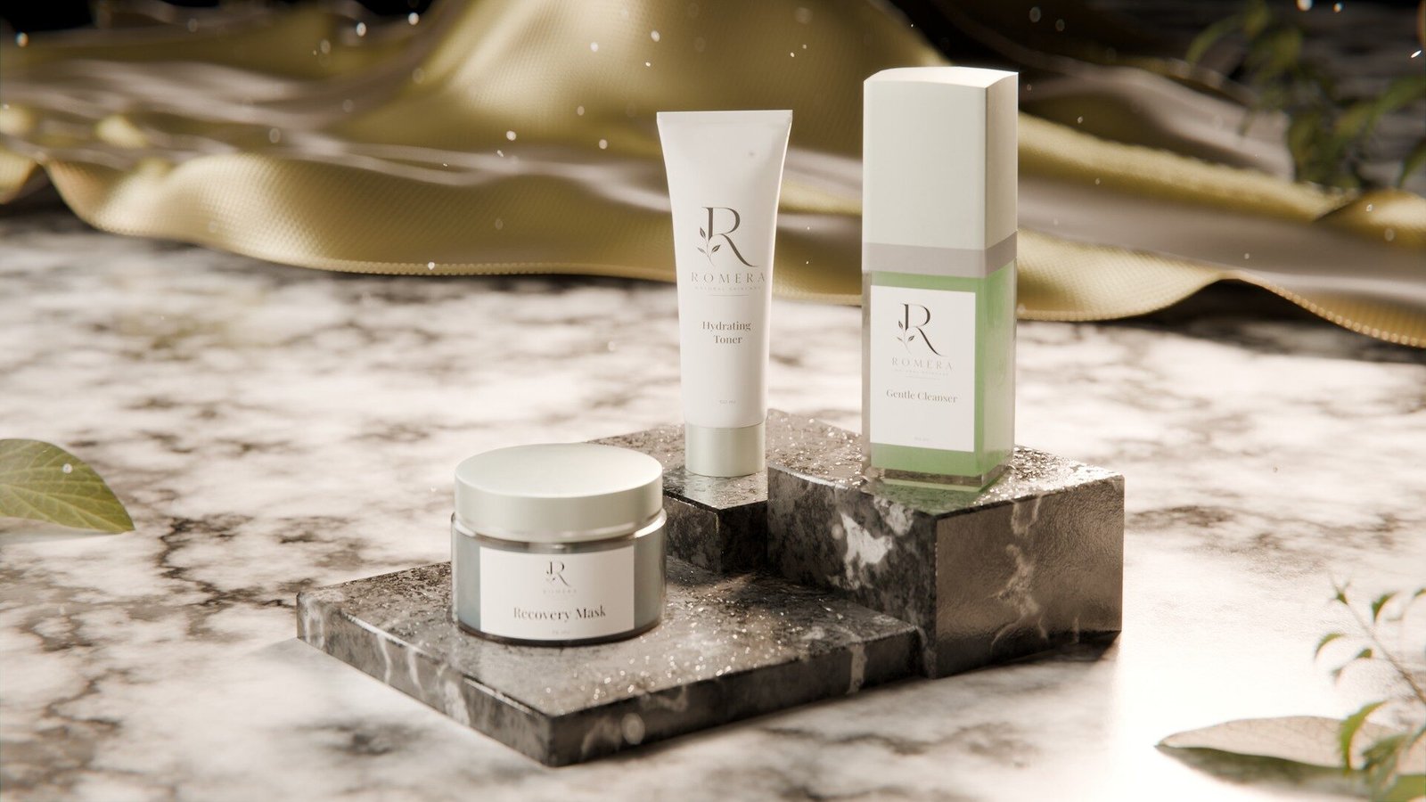 Skincare set in a sage colorway, recolored from the original 3D render