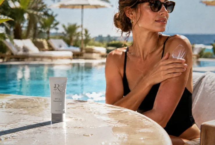 Final composite: photorealistic 3D sunscreen tube on the poolside table